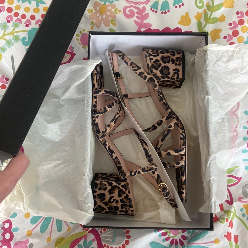 New in box J.Crew cheetah block heel sandals